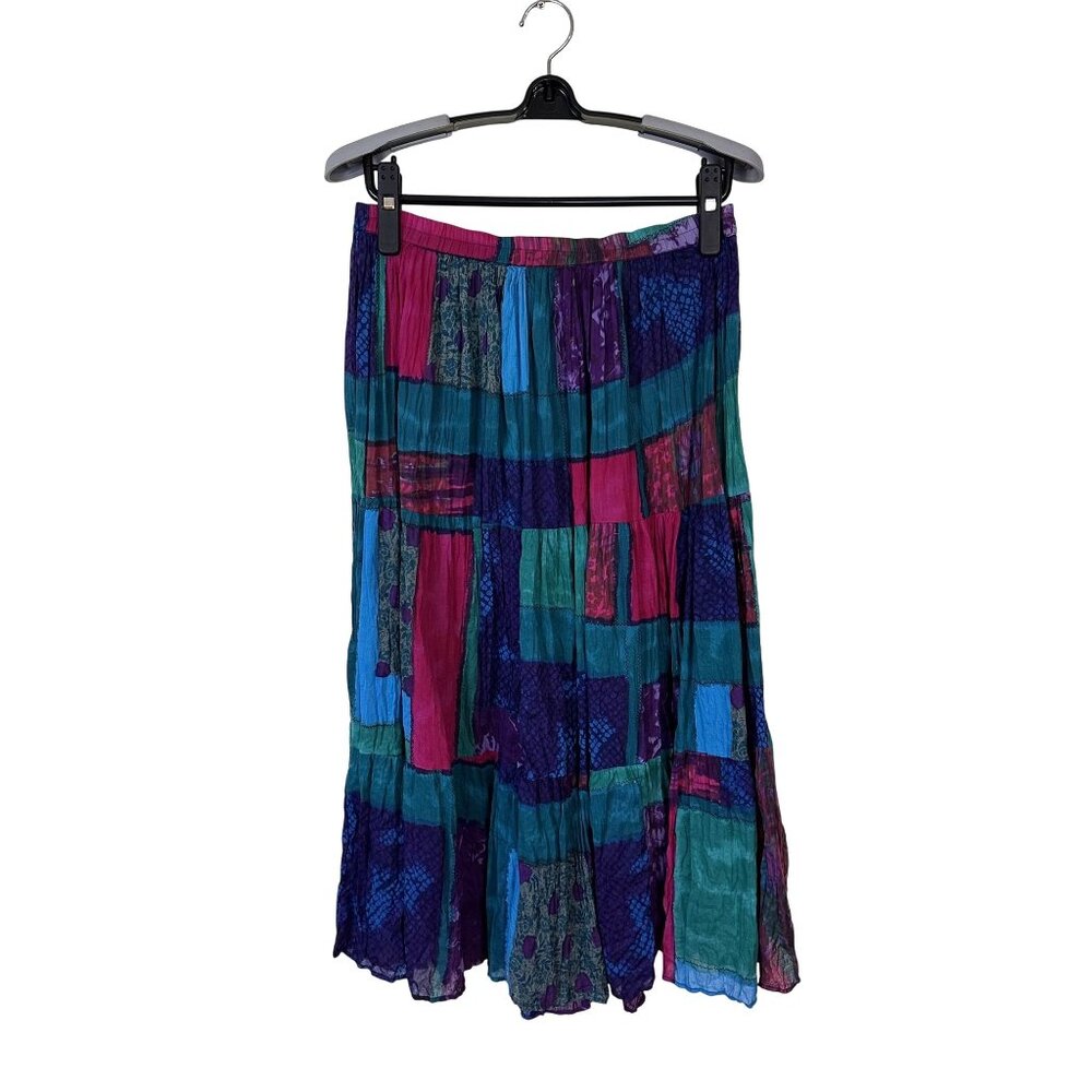 Colorful Patchwork Womens Boho Midi Skirt Elastic 100% Cotton BFA Classics Med